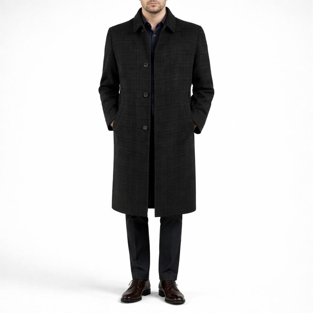 60s Vintage Penneys Plaid Wool Overcoat Black Gray Zip Out Liner Topcoat Mens M